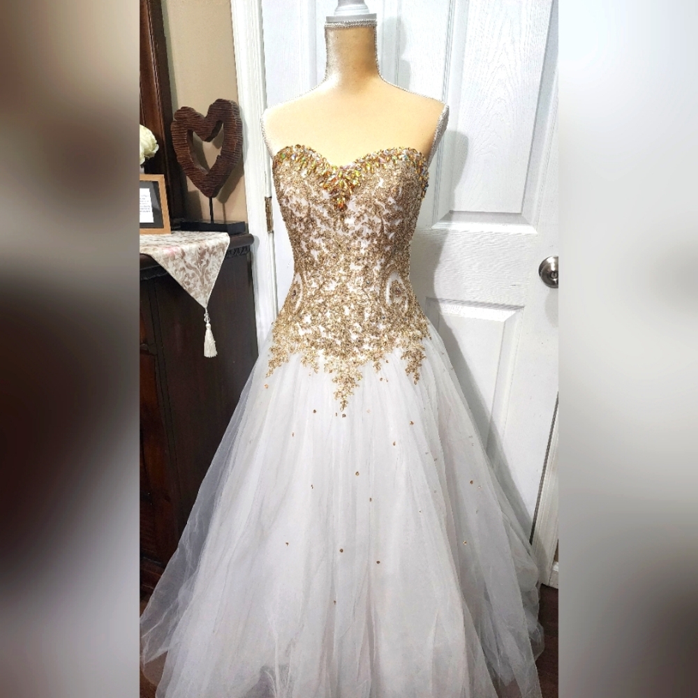 Fiesta Gowns Stunning white with gold beading gown